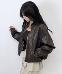ドロストスタンドカラー フェイクレザーブルゾン