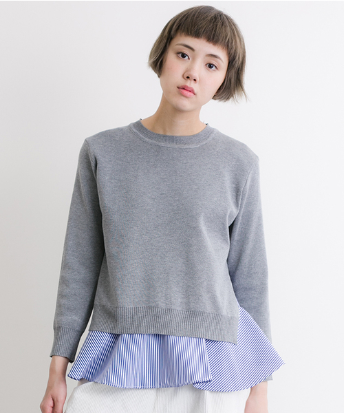 MERLOT（メルロー）の「ストライプぺプラム×ニットプルオーバーアンサンブル9058（ニット/セーター・レディース・ブラック/ネイビー/オフホワイト/グレー・FREE）」の3枚目の写真