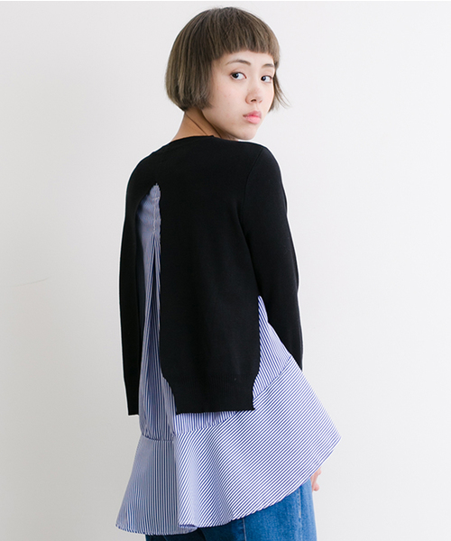 MERLOT（メルロー）の「ストライプぺプラム×ニットプルオーバーアンサンブル9058（ニット/セーター・レディース・ブラック/ネイビー/オフホワイト/グレー・FREE）」の2枚目の写真