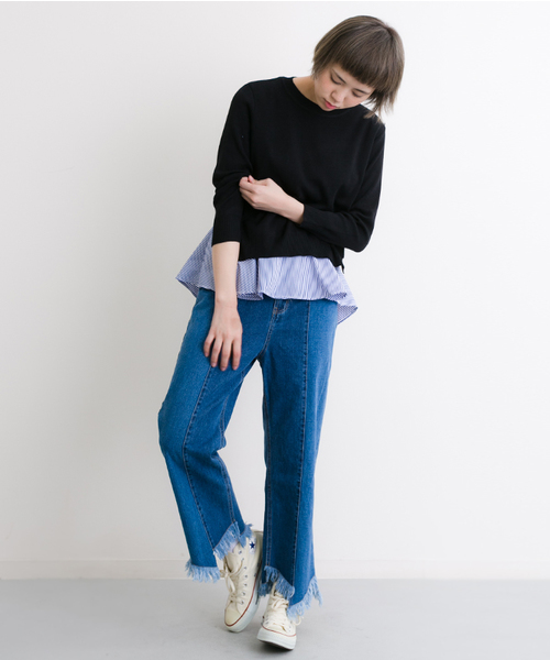 MERLOT（メルロー）の「ストライプぺプラム×ニットプルオーバーアンサンブル9058（ニット/セーター・レディース・ブラック/ネイビー/オフホワイト/グレー・FREE）」の7枚目の写真