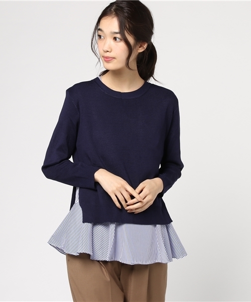 MERLOT（メルロー）の「ストライプぺプラム×ニットプルオーバーアンサンブル9058（ニット/セーター・レディース・ブラック/ネイビー/オフホワイト/グレー・FREE）」の4枚目の写真