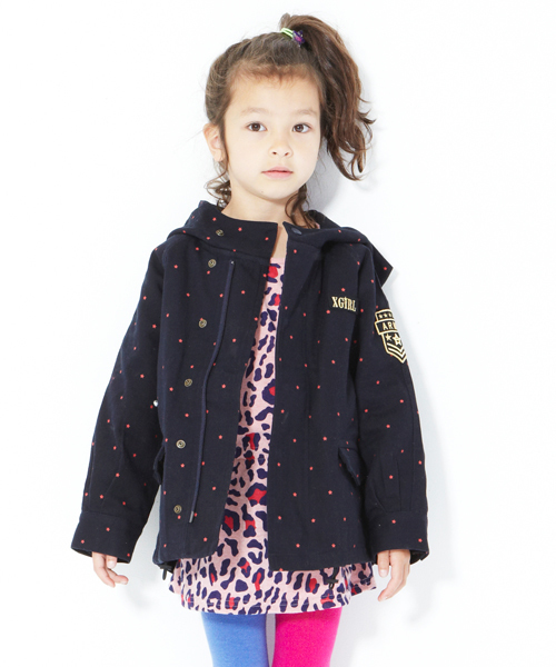 X-girl Stages(エックスガールステージス)の「STAR PRINTED MODS JACKET (4T~7T)(モッズコート・キッズ・オリーブ/ネイビー・4T/5T/6T/7T)」の1枚目の写真