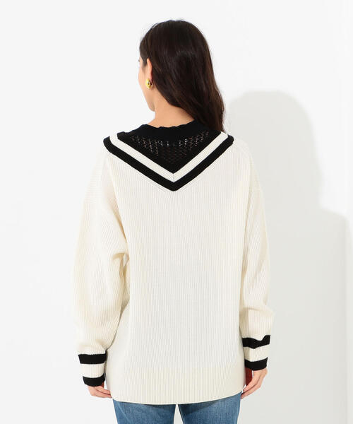 Jewel Changes（ジュエルチェンジズ）の「SMF 襟メッシュ ライン Ｖネックプルオーバー（ニット/セーター・レディース・ネイビー/オフホワイト・FREE）」の3枚目の写真