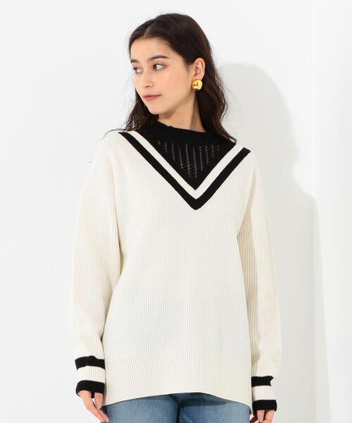Jewel Changes（ジュエルチェンジズ）の「SMF 襟メッシュ ライン Ｖネックプルオーバー（ニット/セーター・レディース・ネイビー/オフホワイト・FREE）」の4枚目の写真
