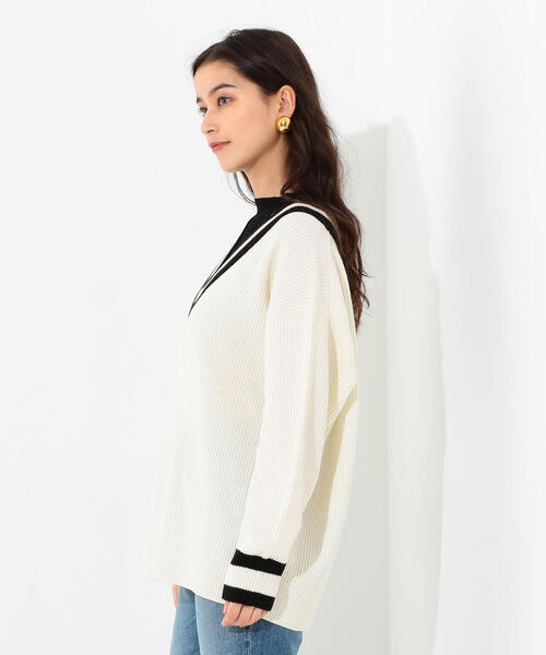 Jewel Changes（ジュエルチェンジズ）の「SMF 襟メッシュ ライン Ｖネックプルオーバー（ニット/セーター・レディース・ネイビー/オフホワイト・FREE）」の5枚目の写真