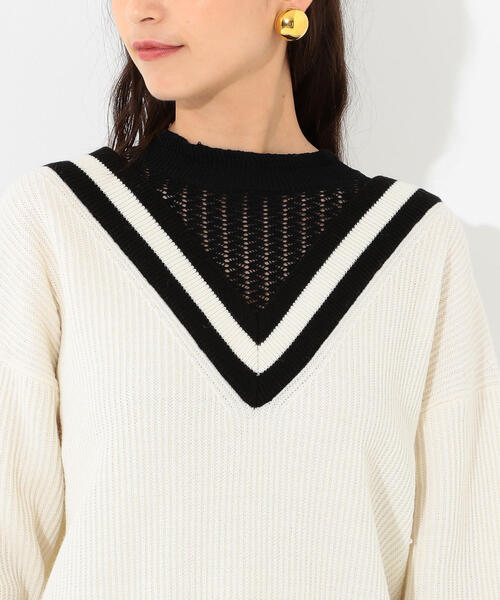 Jewel Changes（ジュエルチェンジズ）の「SMF 襟メッシュ ライン Ｖネックプルオーバー（ニット/セーター・レディース・ネイビー/オフホワイト・FREE）」の7枚目の写真