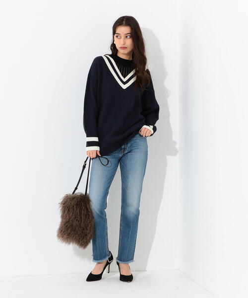 Jewel Changes（ジュエルチェンジズ）の「SMF 襟メッシュ ライン Ｖネックプルオーバー（ニット/セーター・レディース・ネイビー/オフホワイト・FREE）」の12枚目の写真