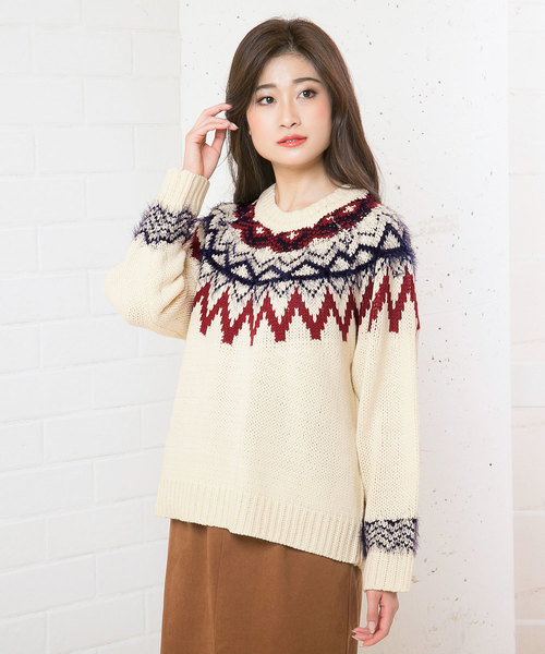 KOBE LETTUCE（コウベレタス）の「ノルディック柄フェザー混ニットトップス＊レディース/セーター/長袖[C3389]神戸レタス（ニット/セーター・レディース・ネイビー/グレー/オフホワイト・FREE）」の2枚目の写真