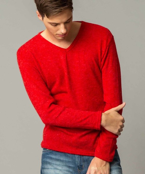 London Denim(ロンドンデニム)の「ライトシャギーニットソー / Vネック(長袖)(Tシャツ/カットソー)」|レッド