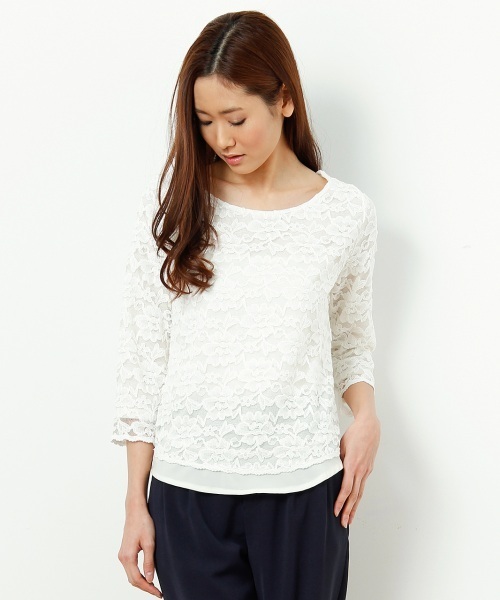 VIS（ビス）の「裏地配色レースプルオーバー（Tシャツ/カットソー・レディース・ホワイト/ホワイト系その他/グリーン系その他/サックスブルー/タン・MEDIUM）」の4枚目の写真