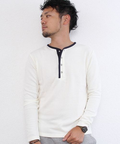 coen（コーエン）の「コットンレーヨンヘンリーネックカットソー（Tシャツ/カットソー・メンズ・オフホワイト/グレー/ネイビー・MEDIUM/LARGE/SMALL/X-LARGE）」の2枚目の写真