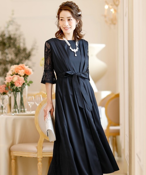 ロング&七分袖フォーマルハイウエス結婚式ワンピースドレス