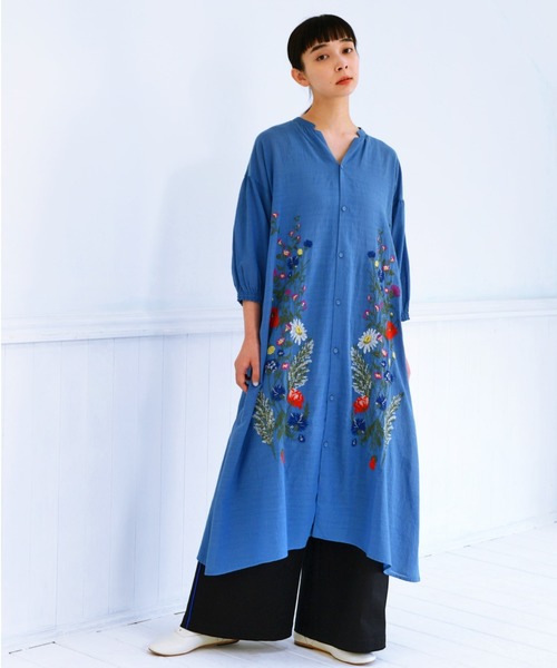Hakka スーパーハッカ のファッション Super コットンボイル先染めボタニカル刺しゅうワンピース 前開き ワンピース ワンピース Super セール ー品販売 の