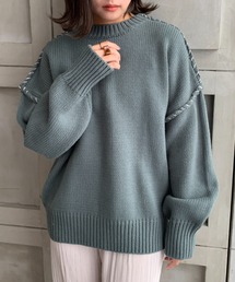 【累計販売枚数2万枚突破！】 リサイクルポリローゲージ配色ハンドステッチニットプルオーバー〈手洗い可能〉