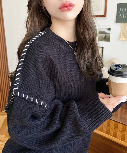 セール】【累計販売枚数2万枚突破！】 配色ハンドステッチニットプル