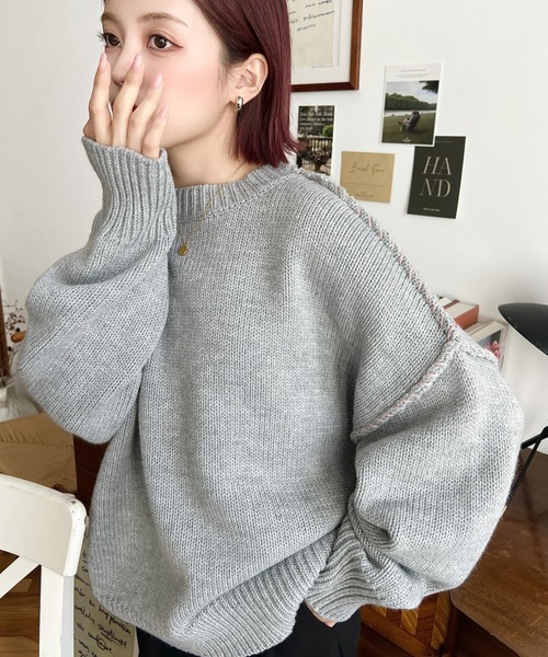 moment+（モーメントプラス）の「【累計販売枚数2万枚突破！】 配色ハンドステッチニットプルオーバー（ニット/セーター・レディース・アイボリー/ホワイト系その他/スミクロ/オレンジ/ブラウン/グレイッシュベージュ/ブラック/グリーン/チャコールグレー/ミント/ラベンダー/カーキ/ライトグリーン/杢グレー/ボルドー・M/L/FREE）」の19枚目の写真