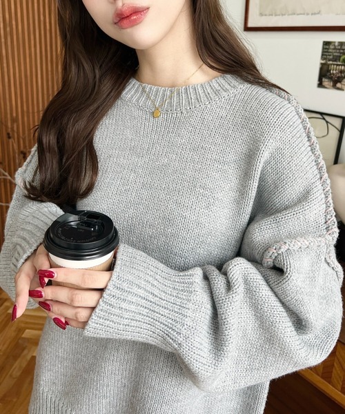 moment+（モーメントプラス）の「【累計販売枚数2万枚突破！】 配色ハンドステッチニットプルオーバー（ニット/セーター・レディース・アイボリー/ホワイト系その他/スミクロ/オレンジ/ブラウン/グレイッシュベージュ/ブラック/グリーン/チャコールグレー/ミント/ラベンダー/カーキ/ライトグリーン/杢グレー/ボルドー・M/L/FREE）」の17枚目の写真