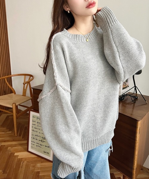 moment+（モーメントプラス）の「【累計販売枚数2万枚突破！】 配色ハンドステッチニットプルオーバー（ニット/セーター・レディース・アイボリー/ホワイト系その他/スミクロ/オレンジ/ブラウン/グレイッシュベージュ/ブラック/グリーン/チャコールグレー/ミント/ラベンダー/カーキ/ライトグリーン/杢グレー/ボルドー・M/L/FREE）」の22枚目の写真