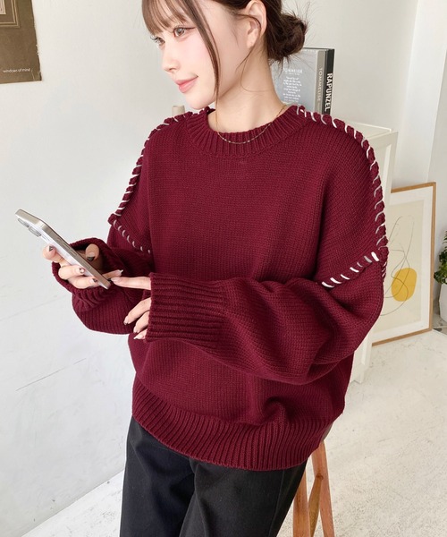 セール】【累計販売枚数2万枚突破！】 配色ハンドステッチニットプル 