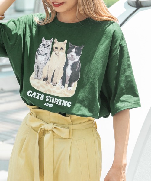 kutir(クティール)の「3匹のネコプリントTシャツ(Tシャツ/カットソー・レディース・ホワイト/オレンジ/グリーン・FREE)」の10枚目の写真