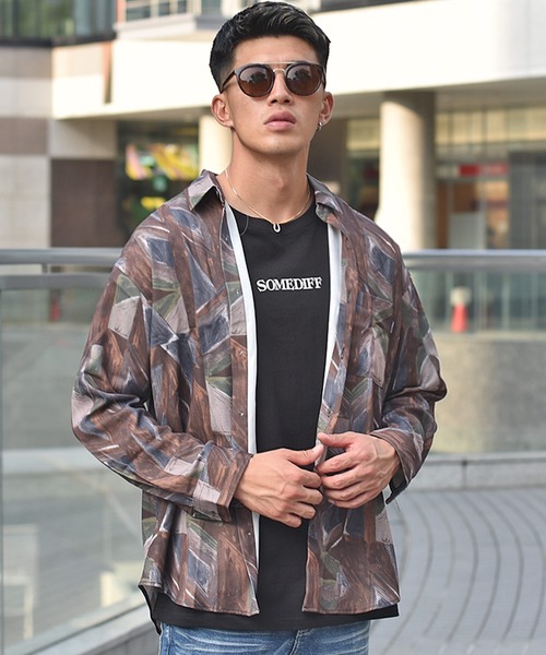 JOKER（ジョーカー）の「ストレッチ総柄プリントオーバーサイズ長袖シャツ ビッグサイズ柄シャツ 春服（シャツ/ブラウス・メンズ・ブルー/ブラック系その他/ブラック/ブラウン/ブラウン系その他/グレー・M/L）」の4枚目の写真