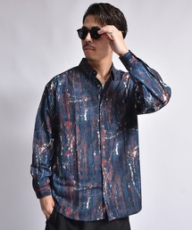 ストレッチ総柄プリントオーバーサイズ長袖シャツ ビッグサイズ柄シャツ 春服
