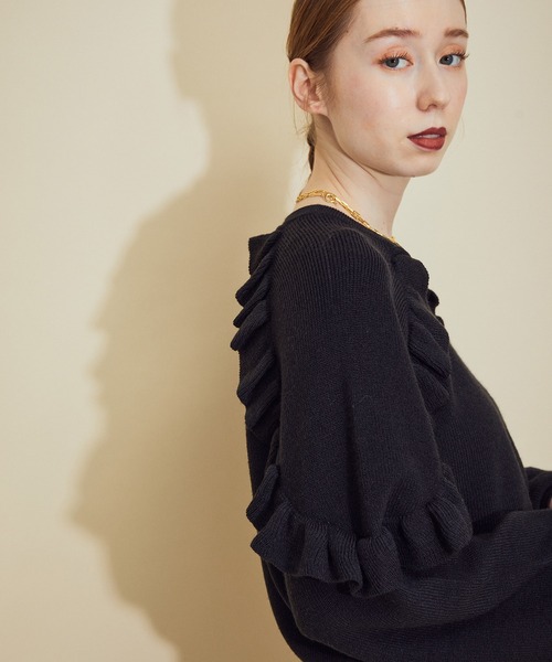 MADEMOISELLE ROPE'(マドモアゼル ロペ)の「【セットアップ】ラッフルスリーブニットワンピース(ワンピース・レディース・ブラック/ブラウン・38)」の8枚目の写真