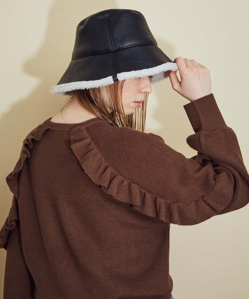MADEMOISELLE ROPE'(マドモアゼル ロペ)の「【セットアップ】ラッフルスリーブニットワンピース(ワンピース・レディース・ブラック/ブラウン・38)」の5枚目の写真