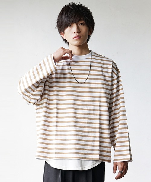 MinoriTY(マイノリティ)の「【MinoriTY】ヘビーウエイトビッグスリーブボーダーロンT メンズ 秋服 夏服 オーバーサイズ(Tシャツ/カットソー・メンズ・ベージュ/ネイビー/ロイヤルブルー・M/L)」の1枚目の写真