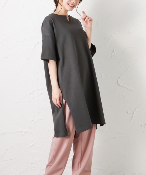 Mac-House（マックハウス）の「ORGABITS オーガビッツ スリットTシャツワンピース（Tシャツ/カットソー・レディース・ブラウン/サックスブルー/チャコール/グリーン・フリー）」の18枚目の写真