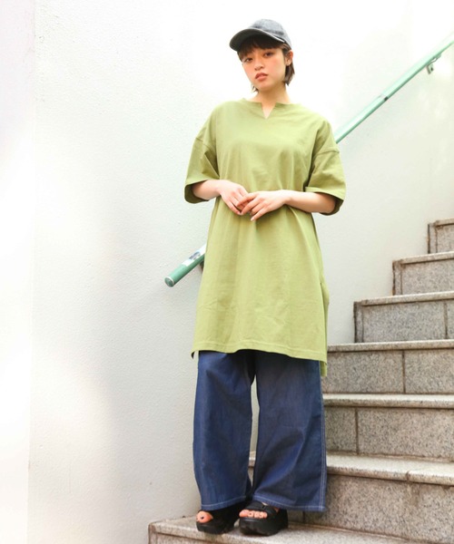 Mac-House（マックハウス）の「ORGABITS オーガビッツ スリットTシャツワンピース（Tシャツ/カットソー・レディース・ブラウン/サックスブルー/チャコール/グリーン・フリー）」の8枚目の写真