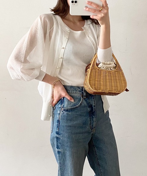 Emma Taylor（エマテイラー）の「前後2WAYパール釦シアーカーディガン（カーディガン/ボレロ・レディース・ホワイト/ブラック/イエロー/ブルー/グリーン・FREE）」の7枚目の写真