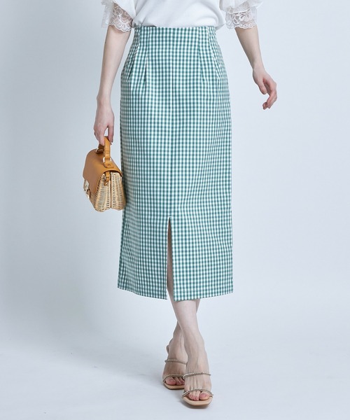 tocco closet(トッコ クローゼット)の「ポケット付き裾スリット入りギンガムチェックストレッチタイトスカート(スカート・レディース・ブラック/グリーン・M)」の1枚目の写真