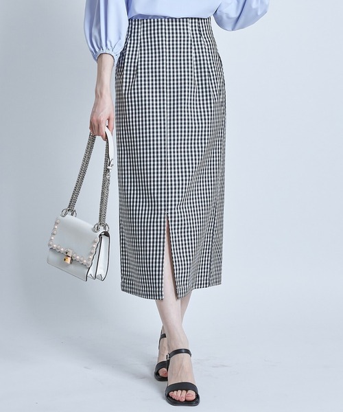 tocco closet(トッコ クローゼット)の「ポケット付き裾スリット入りギンガムチェックストレッチタイトスカート(スカート・レディース・ブラック/グリーン・M)」の2枚目の写真