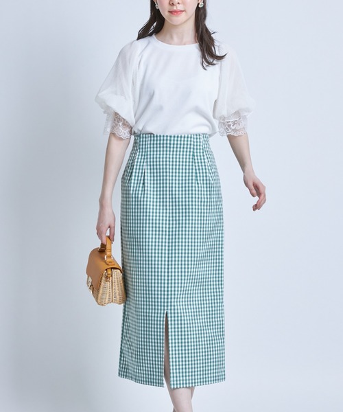 tocco closet(トッコ クローゼット)の「ポケット付き裾スリット入りギンガムチェックストレッチタイトスカート(スカート・レディース・ブラック/グリーン・M)」の9枚目の写真