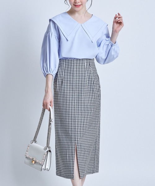tocco closet(トッコ クローゼット)の「ポケット付き裾スリット入りギンガムチェックストレッチタイトスカート(スカート・レディース・ブラック/グリーン・M)」の3枚目の写真
