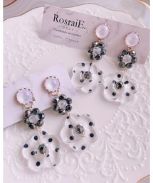【RosraiE】ドット柄クリアフラワー×フラワービーズ ロング イヤリング(MA)