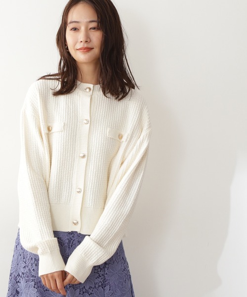 N.(N. Natural Beauty Basic)(エヌエヌナチュラルビューティーベーシック)の「【松井愛莉さん着用】◆ムジツイード編みカーディガン(カーディガン/ボレロ・レディース・ネイビー/オフホワイト/ピンク・MEDIUM)」の2枚目の写真