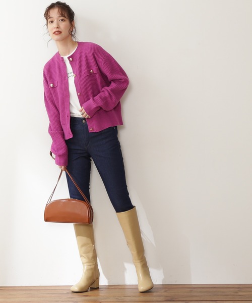 N.(N. Natural Beauty Basic)(エヌエヌナチュラルビューティーベーシック)の「【松井愛莉さん着用】◆ムジツイード編みカーディガン(カーディガン/ボレロ・レディース・ネイビー/オフホワイト/ピンク・MEDIUM)」の4枚目の写真