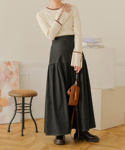 Bab（バブ）の「パイピング袖スリットクルーネックニットプルオーバー（Tシャツ/カットソー・レディース・ブラック/ベージュ/パープル/アイボリー・FREE）」の6枚目の写真