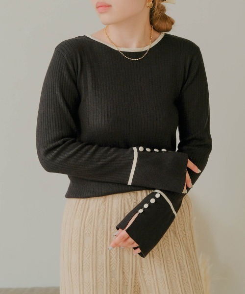 Bab（バブ）の「パイピング袖スリットクルーネックニットプルオーバー（Tシャツ/カットソー・レディース・ブラック/ベージュ/パープル/アイボリー・FREE）」の15枚目の写真