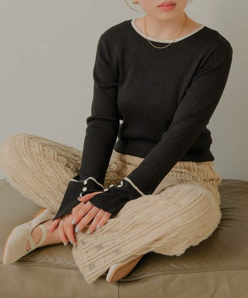 Bab（バブ）の「パイピング袖スリットクルーネックニットプルオーバー（Tシャツ/カットソー・レディース・ブラック/ベージュ/パープル/アイボリー・FREE）」の18枚目の写真