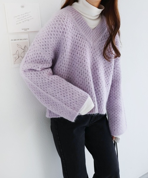 メッシュ編みVネック長袖ニットトップス