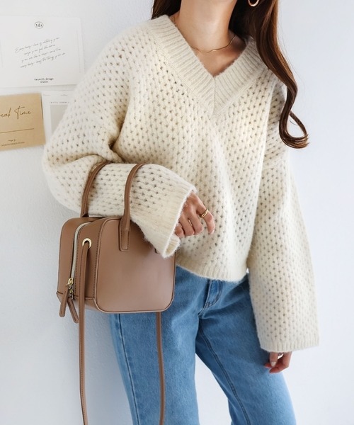 メッシュ編みVネック長袖ニットトップス