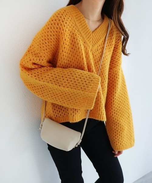 メッシュ編みVネック長袖ニットトップス