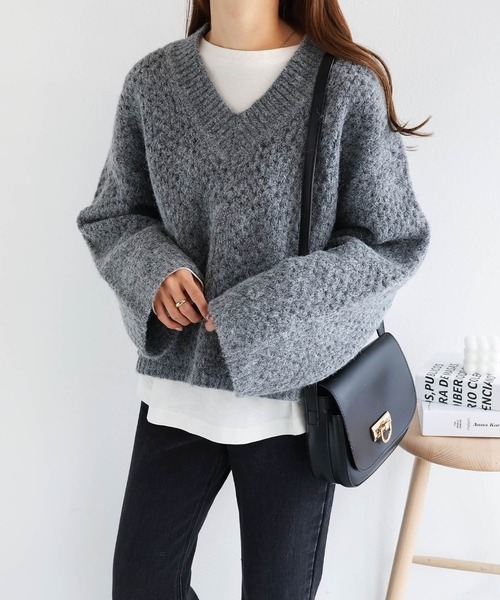 メッシュ編みVネック長袖ニットトップス