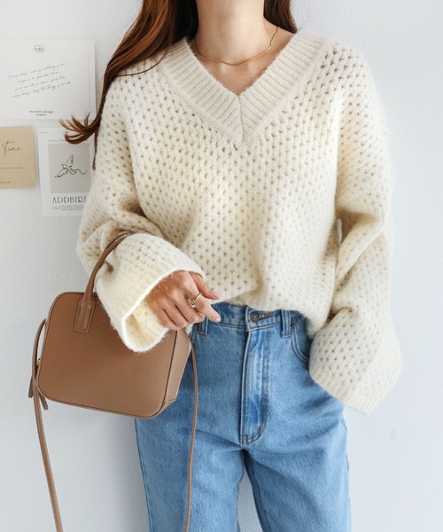 メッシュ編みVネック長袖ニットトップス