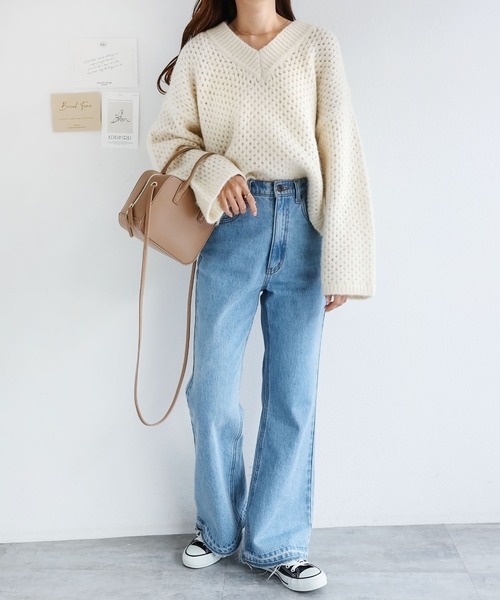 メッシュ編みVネック長袖ニットトップス