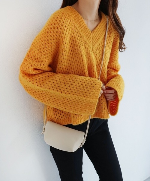 メッシュ編みVネック長袖ニットトップス