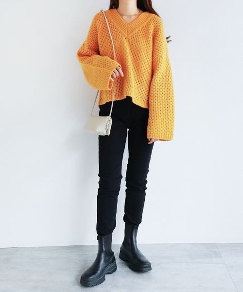 メッシュ編みVネック長袖ニットトップス